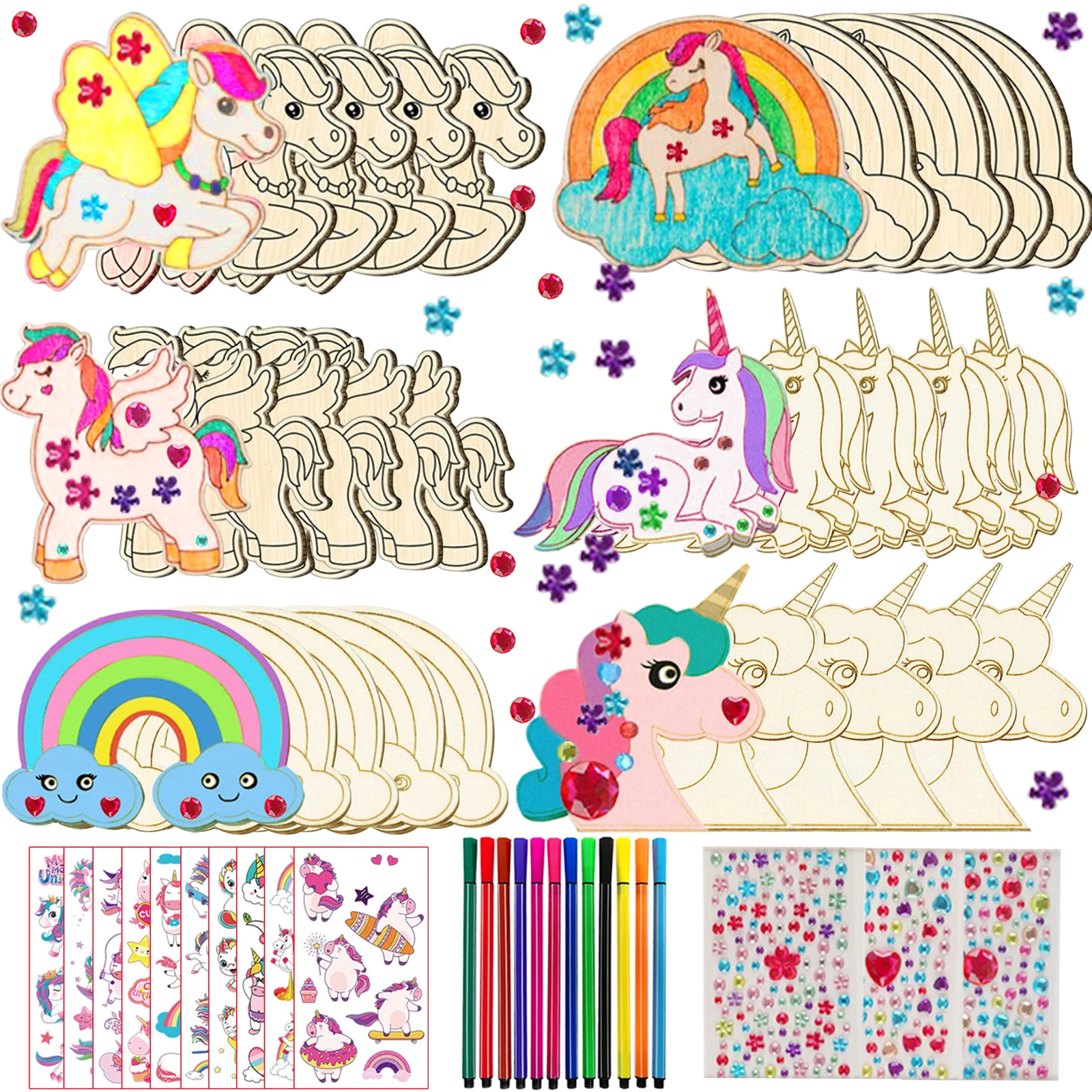 386-teiliges Einhorn-Holzbastelset mit 18 Einhornholz, 354 Strasssteinen, 12 Buntstiften, 2 Aufkleber, DIY-Bastelarbeiten für Jungen/Mädchen