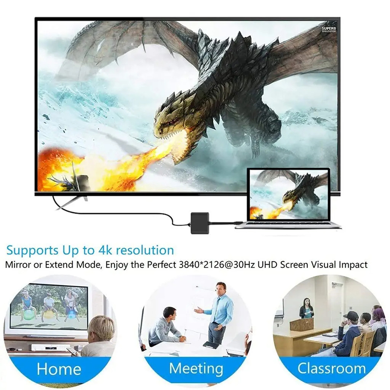 Conversor de cabo 3 em 1 compatível com USB-C para HDMI para Samsung Huawei iPad Mac USB 3.1 Tipo C para cabo adaptador 4K compatível com HDMI