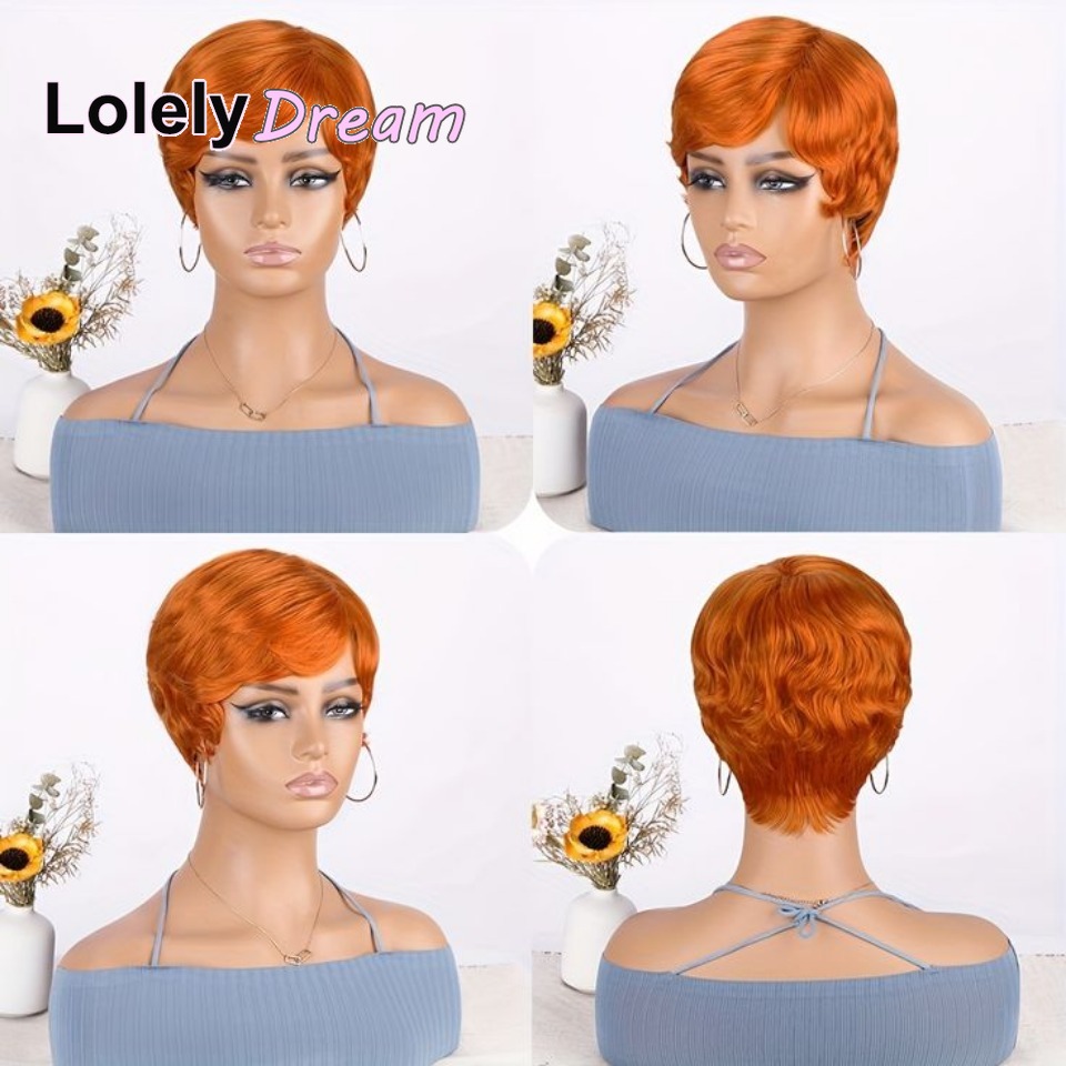 Lolely sonho máquina feita feminina curto laranja gengibre 100% peruca de cabelo humano com franja remy peruca reta em camadas pixie corte bob peruca