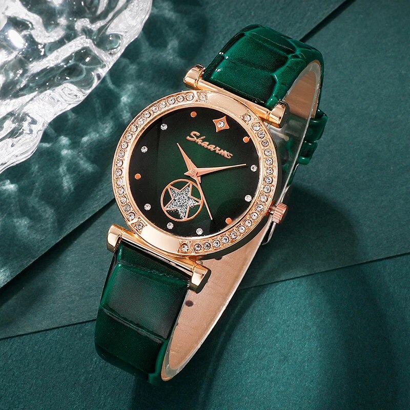 6 stuks groen luxe quartz horloge dames ring ketting oorbel bergkristal mode polshorloge casual dames armband horloges