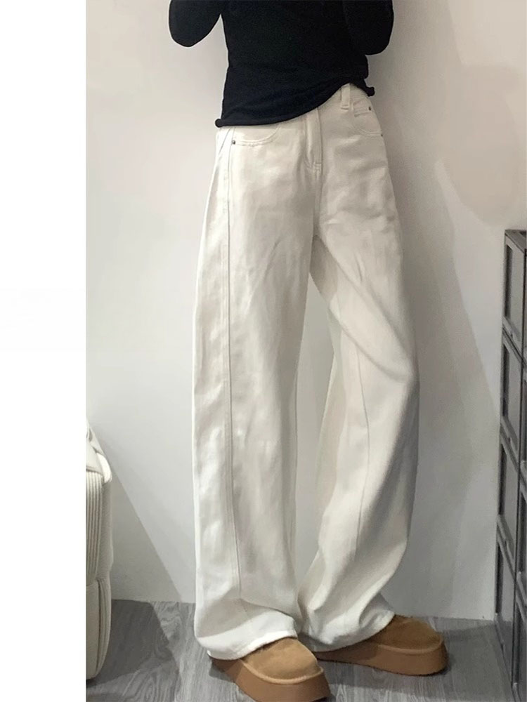 Calças Jeans Brancas de Cintura Alta com Pernas Largas para Mulheres, Estilo Casual, Novo Estilo de Outono
