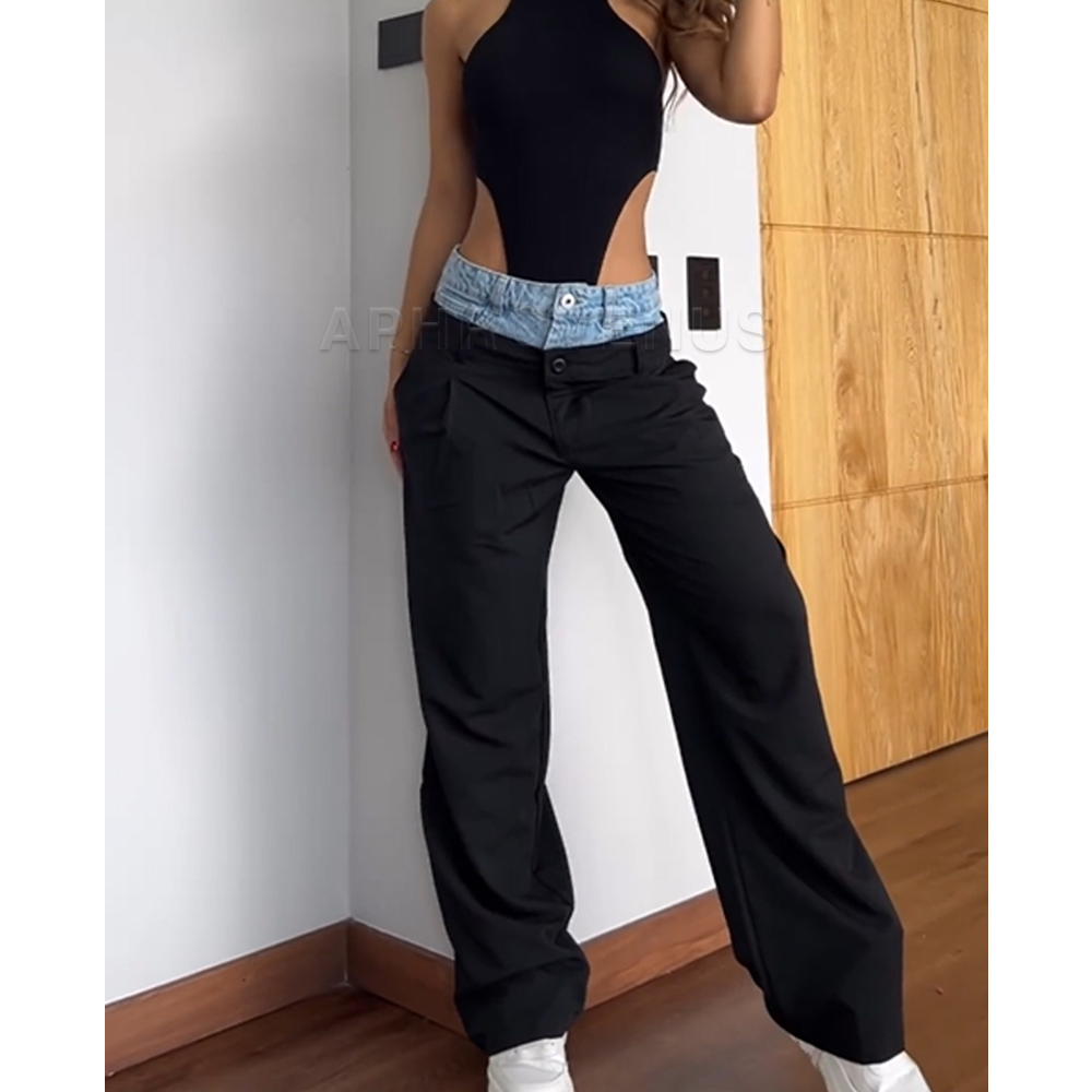ファッション女性のジーンズスリムウエストパッチワークカラーブロックハイウエストロングストレッチデニムパンツストレートズボンワイドレッグジーンズ