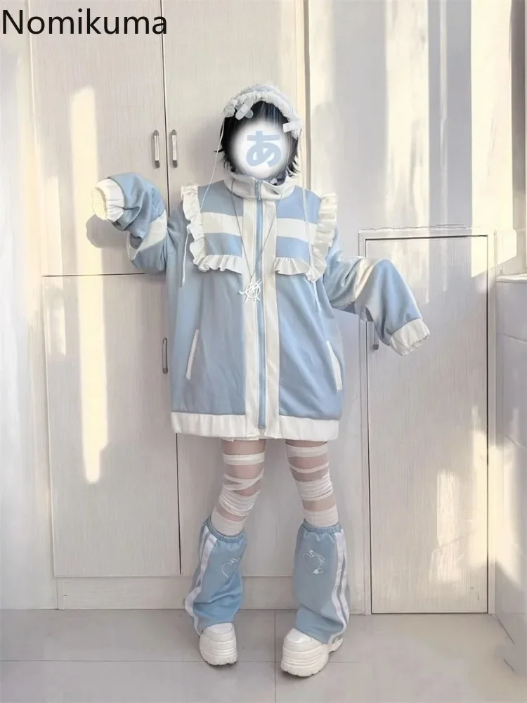 ญี่ปุ่นสําหรับผู้หญิงPatchworkแขนยาวขนาดใหญ่Outwear Y2k Tops Preppyสไตล์สบายๆแฟชั่นRuffles Lolita Y2kแจ็คเก็ต