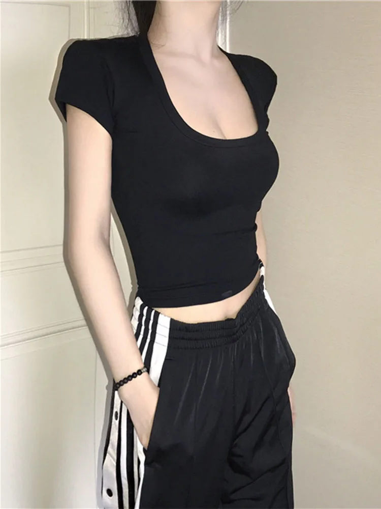 U-คอCrop Topสีทึบผู้หญิงสบายๆเอวสูงTเสื้อBasicเซ็กซี่Streetwearแขนสั้นSlimming