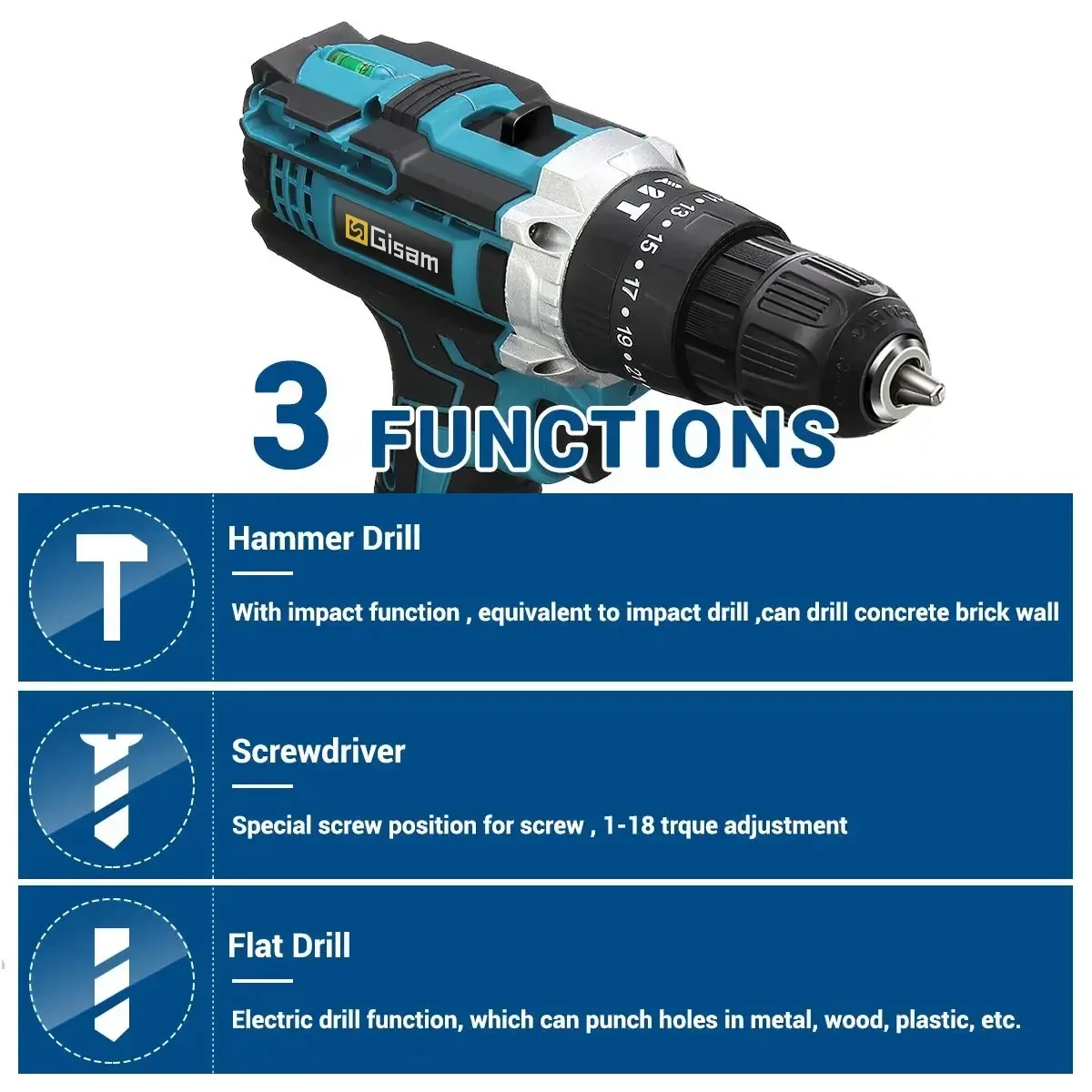 25 + 3 Torque Trapano a percussione Cacciavite elettrico Cordless Trapano a percussione elettrico Driver 2 Velocità di marcia Batteria agli ioni di litio Utensili elettrici