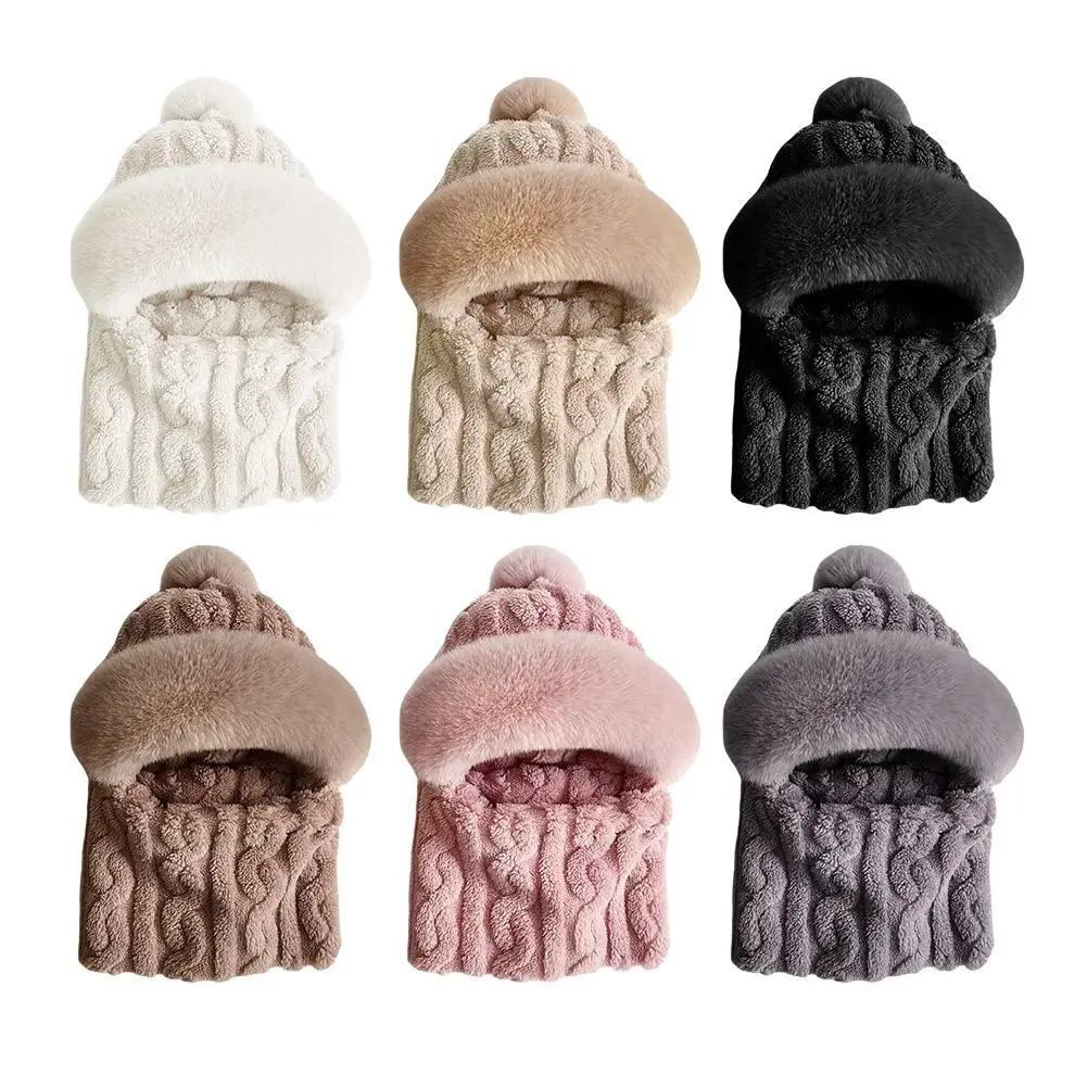 Chapéu de inverno para mulheres com capuz máscara facial fluff manter quente engrossar estilo pescoço cachecol com capuz gorro de malha cashmere pescoço mais quente