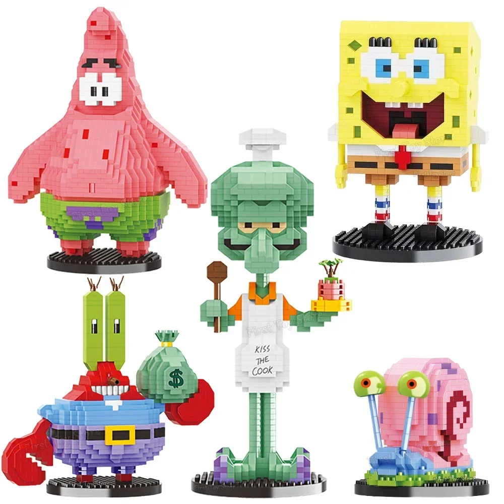 Spongebob Building Blocks Krusty Krab ร้านอาหารบ้านสับปะรด Squidward ห้องฉาก Patrick Star รูปของเล่นเด็กของขวัญ