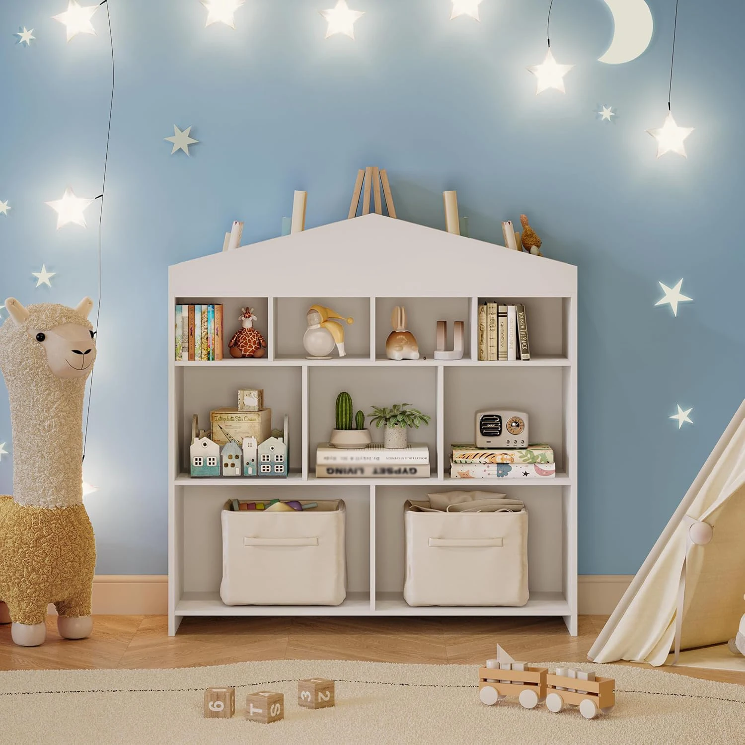 Scaffale per bambini a 9 coperti Libreria in legno Scaffale per armadietto per casetta da gioco per bambini per ragazzi e ragazze Organizzatore di stoccaggio di giocattoli per sala giochi