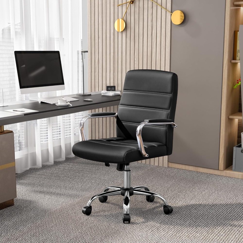 Managerial Executive Chairs Office Task Chair Mid-Back PU Leather Ergonomic Computer Desk Chair w/Lumbar Support Swivel Wheels
