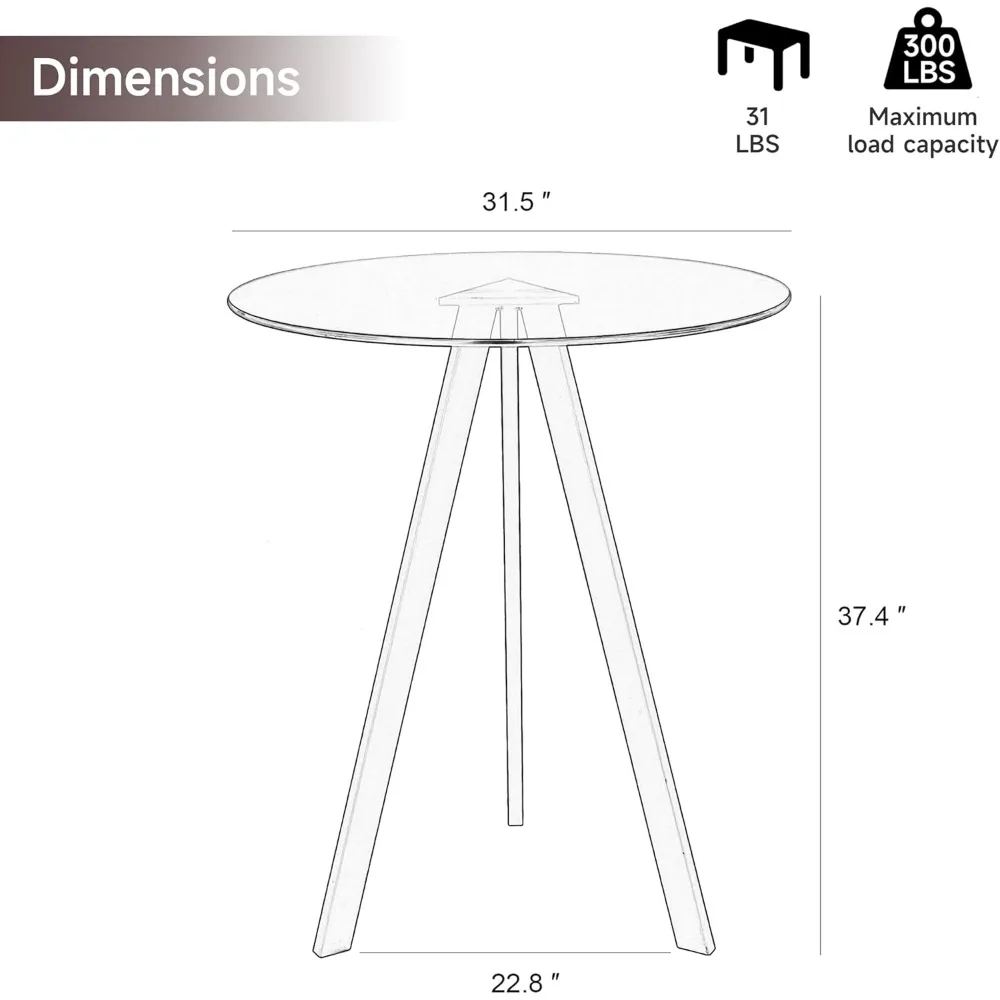 Round Bar Table, 37.4" High Pub Table, 31" Small Cocktail Table with Metal Base & Glass Top, for Small Spaces, Bistro Pub, Cafe