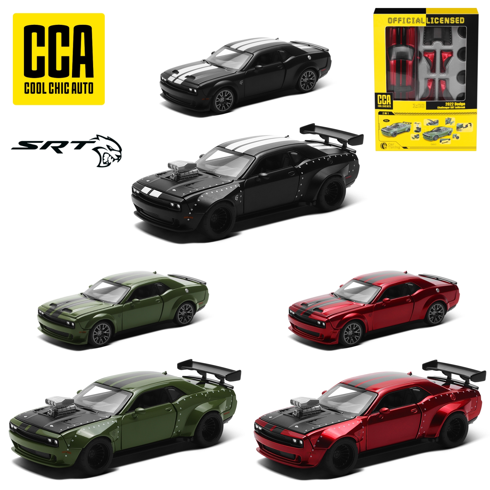 Cca 1/36 dodge challenger srt hellcat montado modelo de carro de brinquedo modificado para meninos criança diecast metal rodas grátis coleção presente