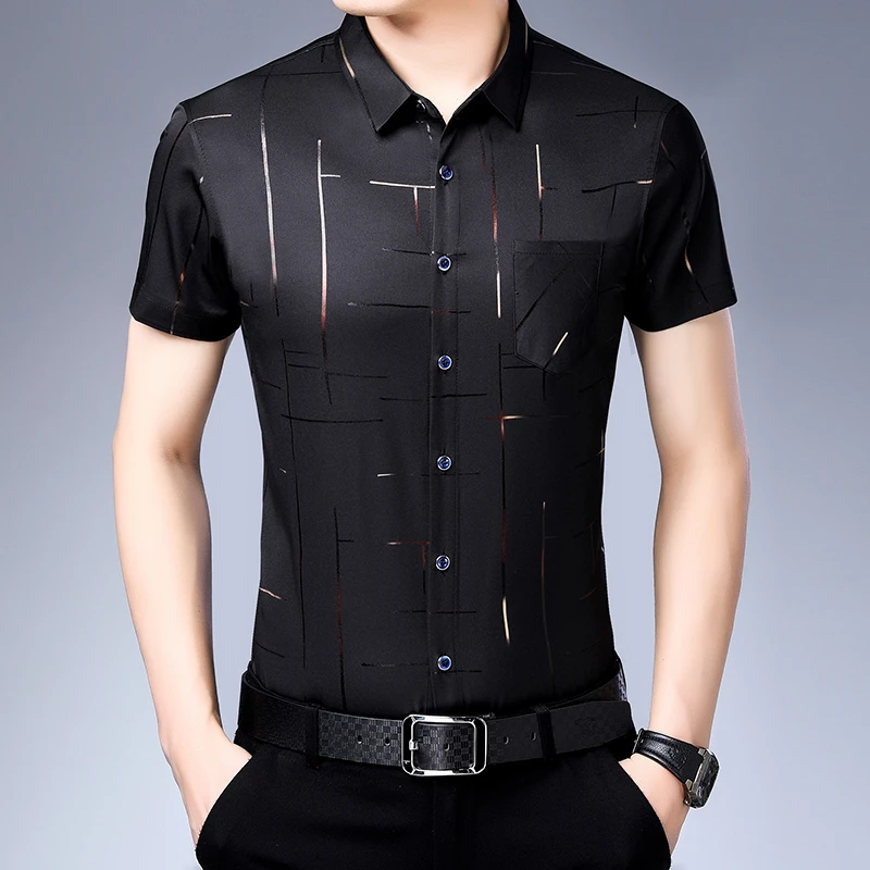 Novo negócio masculino casual camisa de manga curta sem ferro e resistente a rugas topo