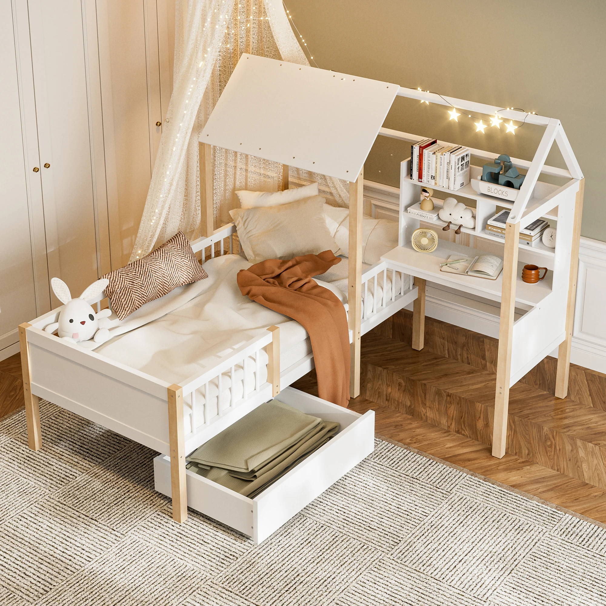 Cama infantil com moldura de segurança, mesa e estante em forma de L, gavetas com rodas, multif, 90x200 cm