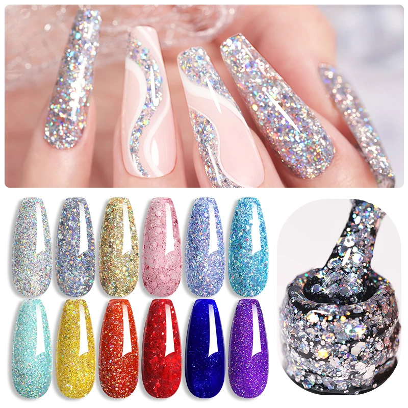 LILYCUTE Glitter Sequins เจลเล็บเงาฤดูใบไม้ผลิฤดูร้อนสีกึ่งถาวร UV เจล Soak Off สําหรับเล็บเคลือบเงา