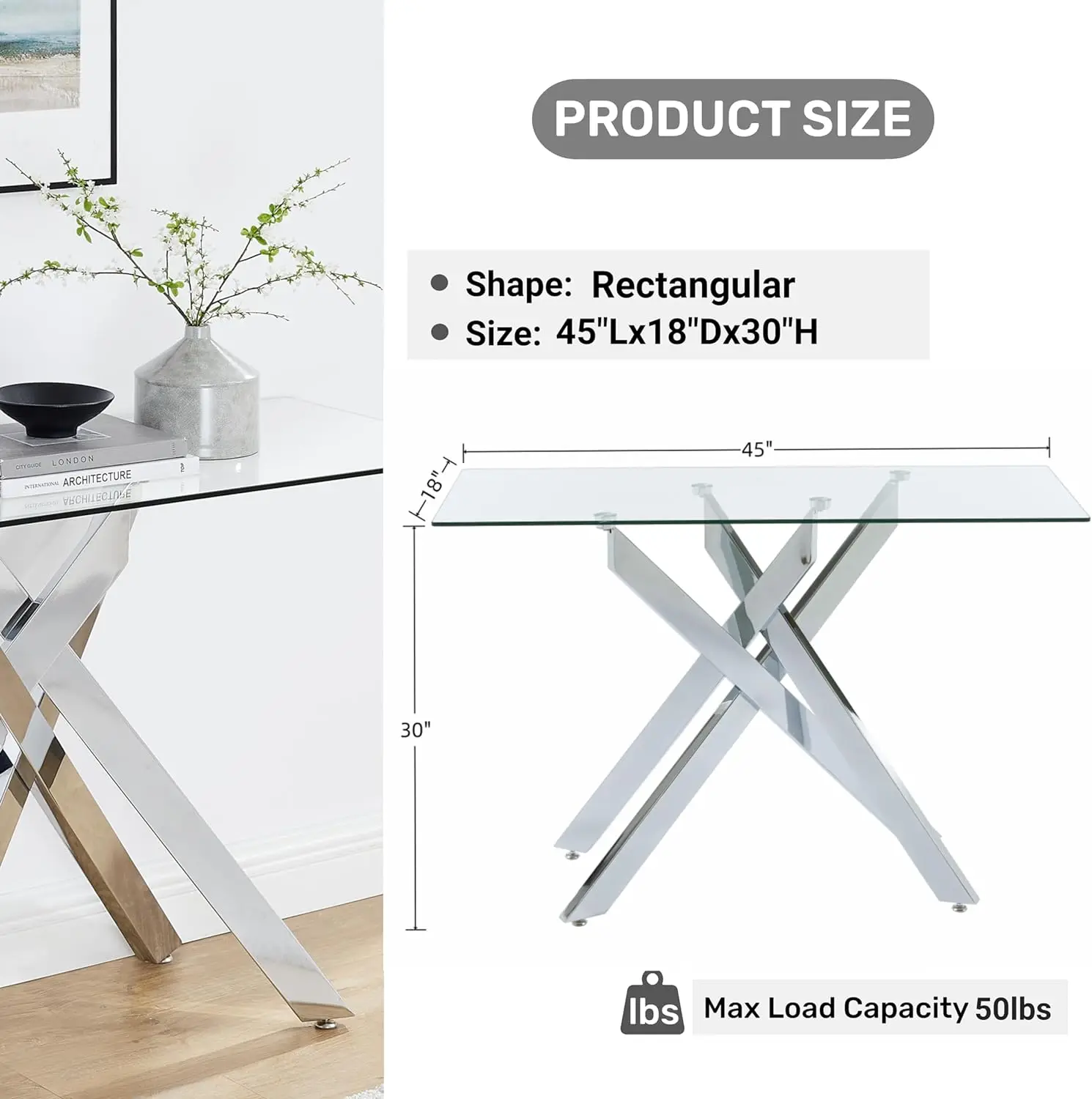 Mesa consola de estilo moderno, mesa de sofá estrecha con tapa de vidrio templado y patas tubulares de metal, 45" Lx18 Lx30 H, Plata