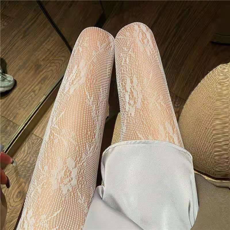 1 par branco e preto oco renda malha meia-calça floral rattan meias de fundo