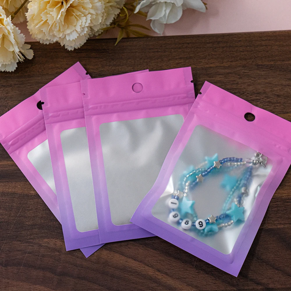 100 sacos gradientes dos pces resealable com zíper embalagem plástica display bolsa de armazenamento de jóias embalagens pequenas empresas suprimentos