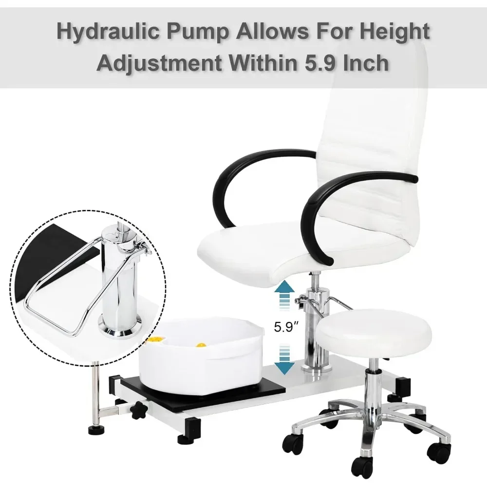 Hydraulic Pedi Chair for Nail Tech  Pedicure Chair White with Stool & Bubble Massage Foot Bath, Beauty Spa