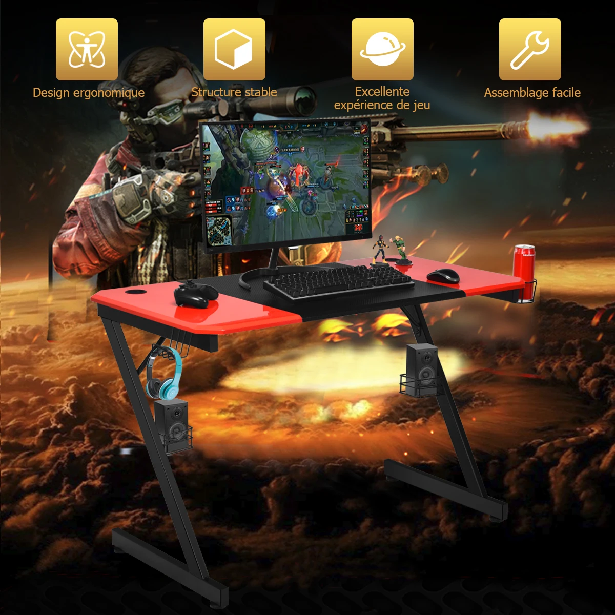 Bureau Gaming Surface en Fibre de Carbone 120 X 60 X 76CM avec Porte-gobelet, Crochet pour Ecouteurs et Supports Audio Noir et Rouge
