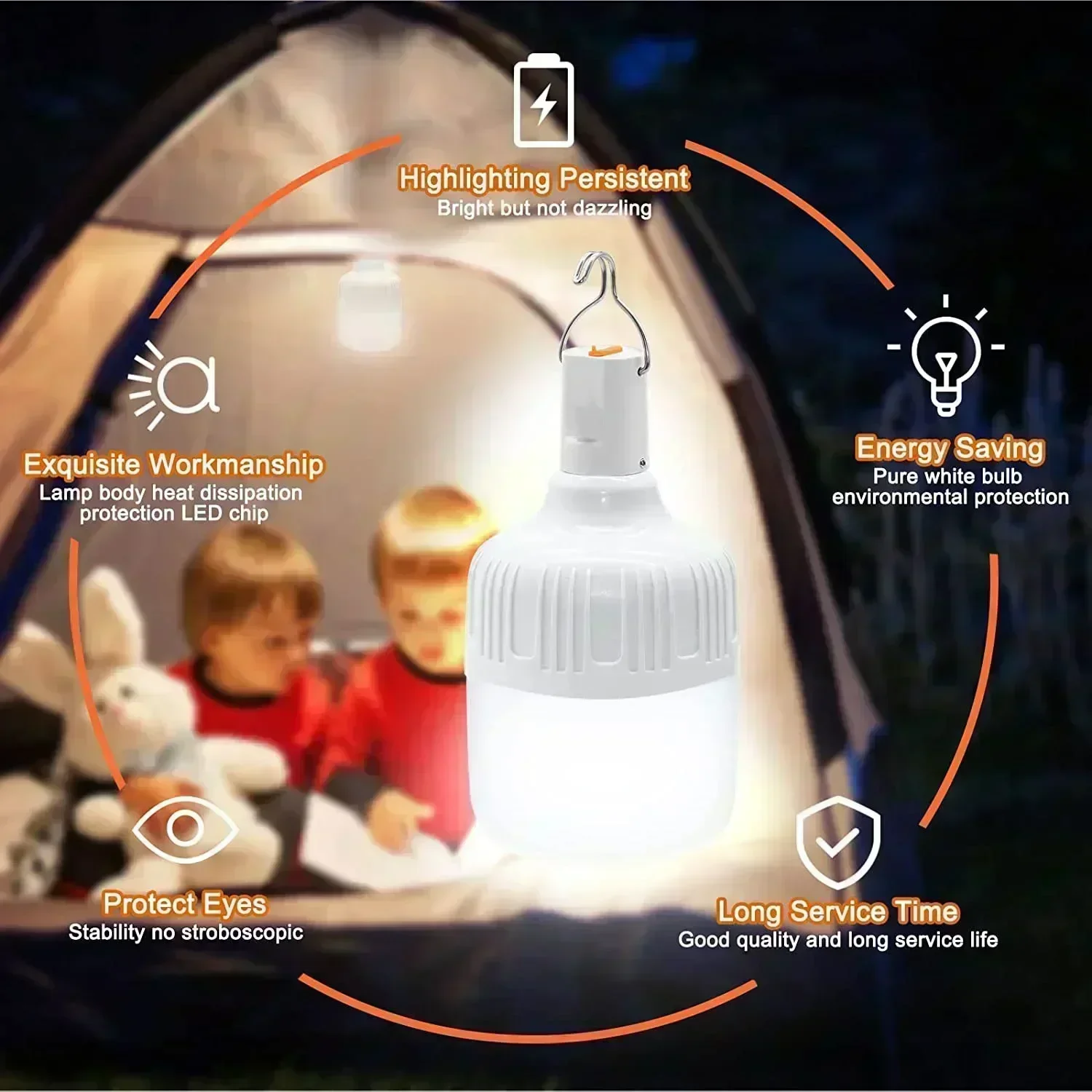Luz LED de Camping recargable portátil con gancho, linterna de tienda regulable, lámpara de noche de emergencia para senderismo, viajes, uso de aventura
