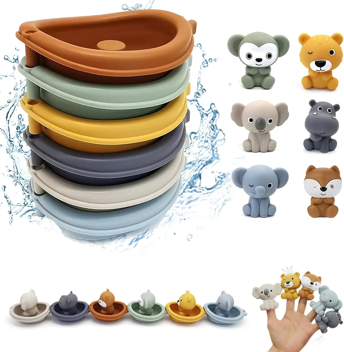 Brinquedos de banho do bebê empilhamento barco de banho brinquedo silicone adorável animal fantoches de dedo para crianças interativo flutuante squeeze brinquedo presente