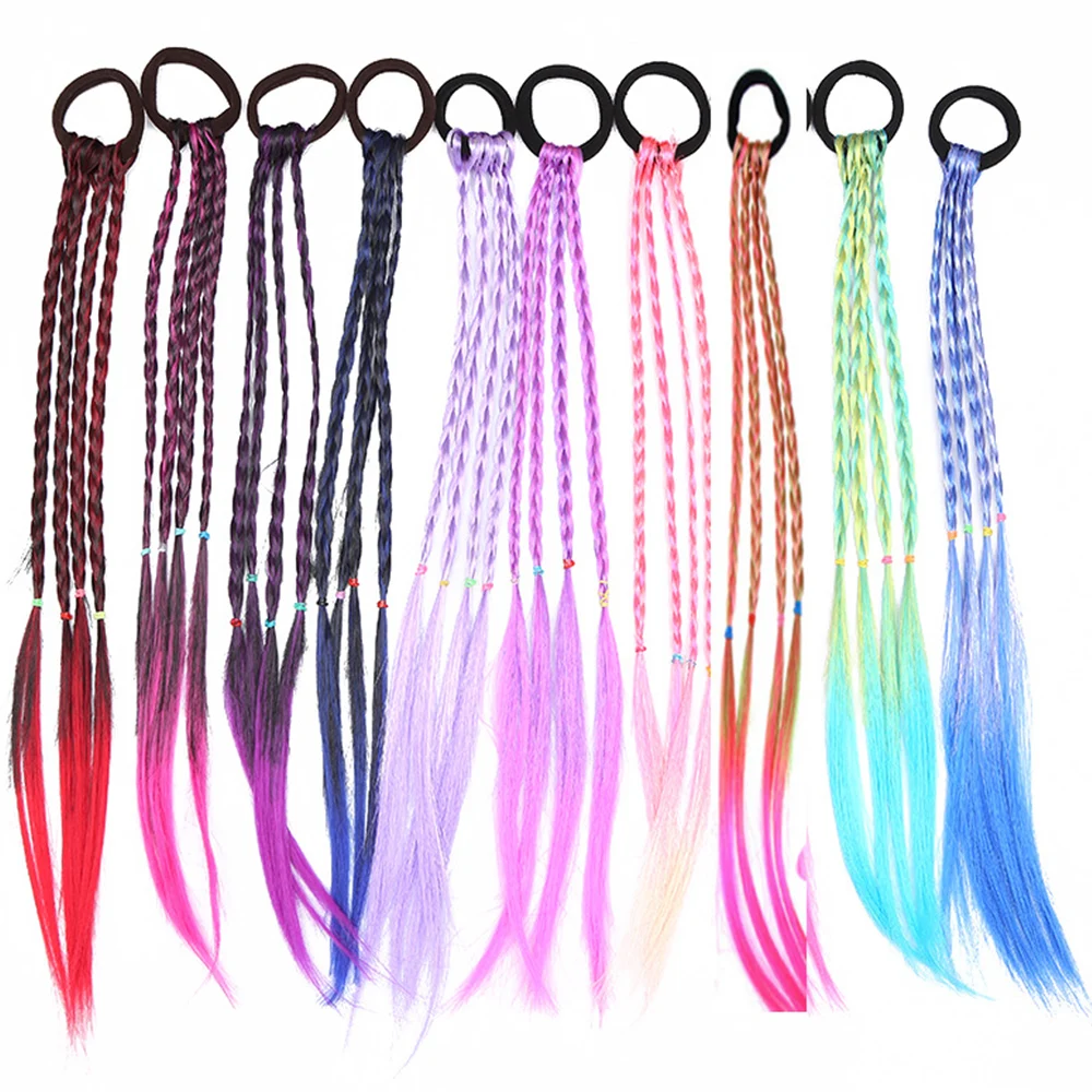 Azqueen extensões de rabo de cavalo trançado longo colorido sintético com faixa elástica arco-íris trança rabo de cavalo peruca para meninas crianças