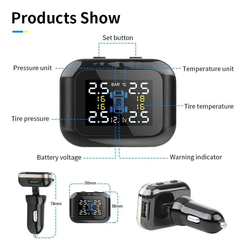 Encendedor de cigarrillos TPMS para coche, inalámbrico, Universal, TPMS, USB, Digital, tpms, sistema de alarma de presión de neumáticos, 4 sensores internos externos