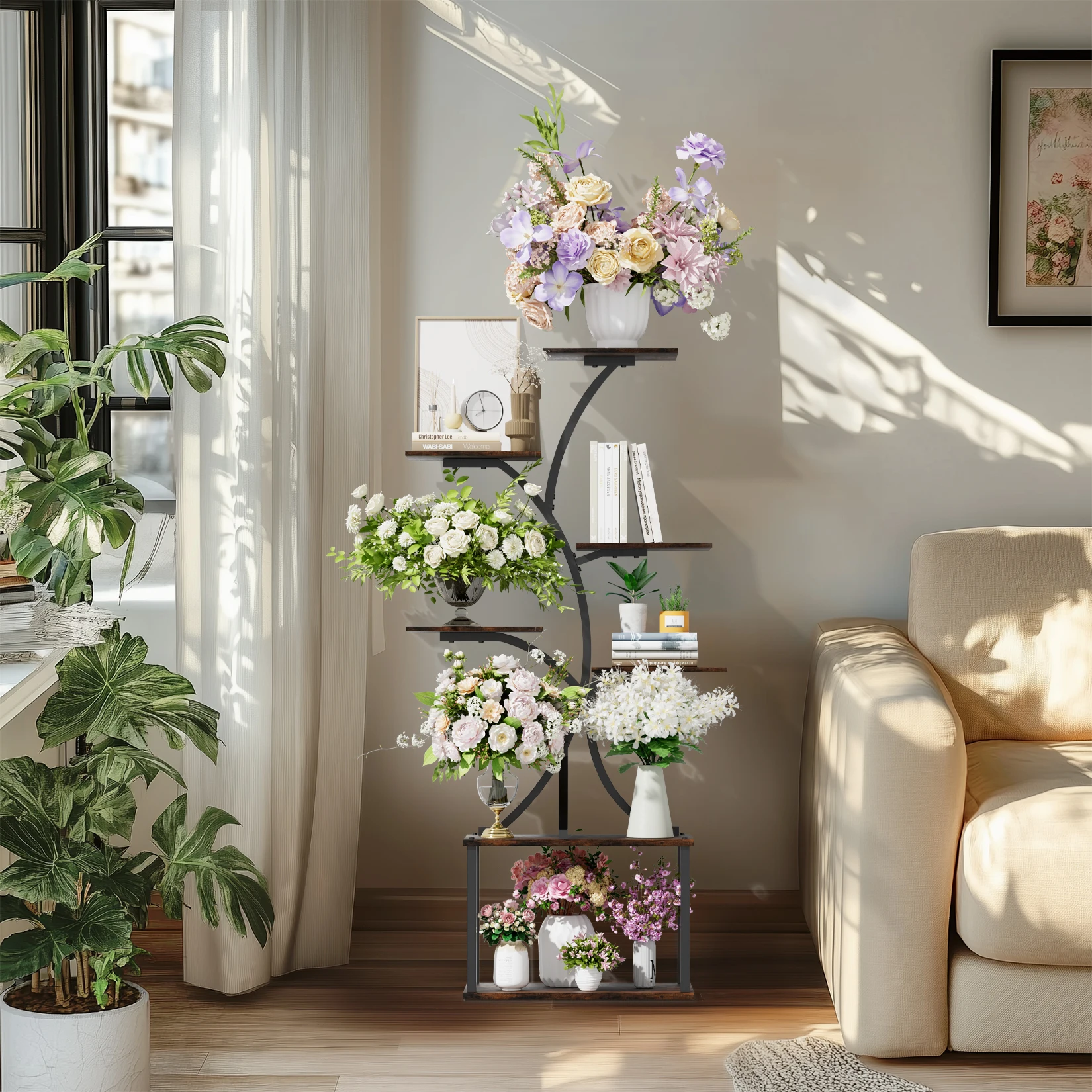 Tree-Shaped Industrial Plant Stand Display Rack Corner Flower Holder Multiple Shelves Organizer Rack