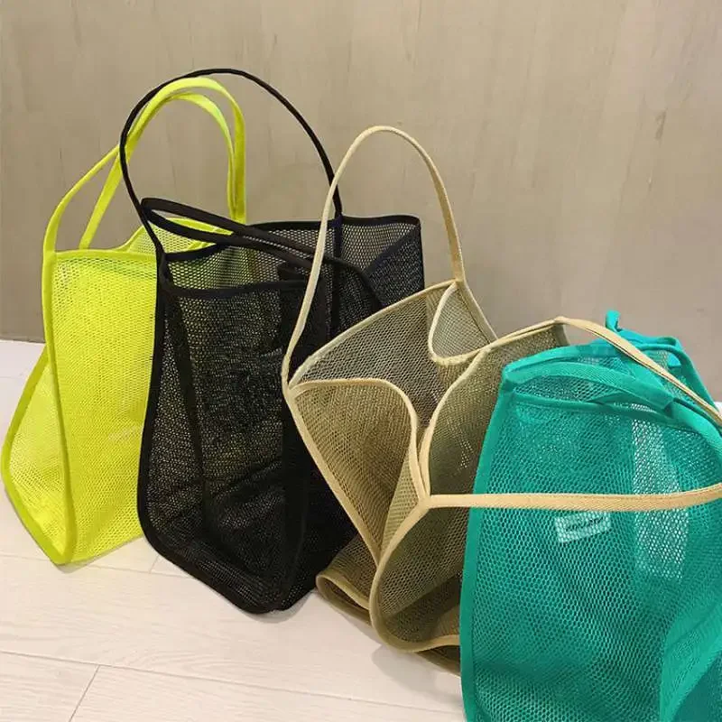 Bolsa de playa, bolsa de compras de gran capacidad, malla transparente, reutilizable, organizador de viaje portátil de moda, bolsa de almacenamiento ecológica