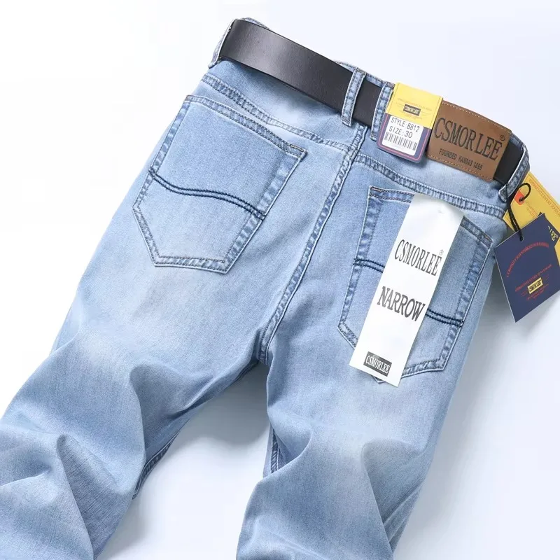 2025 primavera verão calças de brim finas estilo clássico moda estiramento regular ajuste calças jeans masculino marca lavado azul claro
