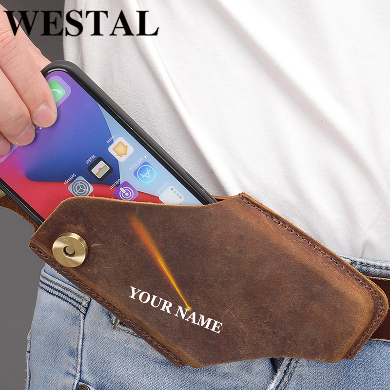 WESTAL-riñonera de cuero Crazy Horse para hombre, funda para teléfono móvil con lazo, bolsa para cinturón, funda para teléfono de alta calidad