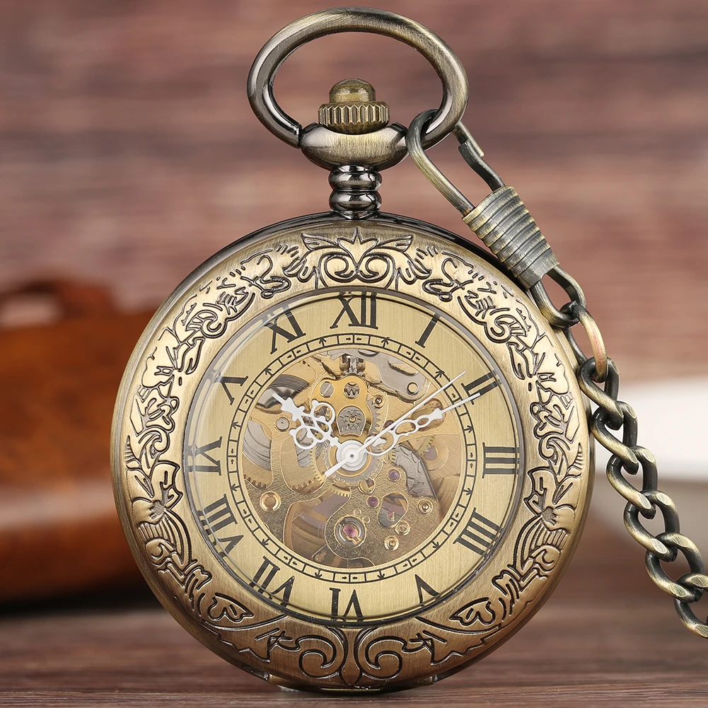 Sang Trọng Đồng Số La Mã Cơ Khí Tự Động Bỏ Túi Nam Nữ Khắc Retro Nắp Kính Trong Suốt Dây Chuyền Quà Tặng 2017