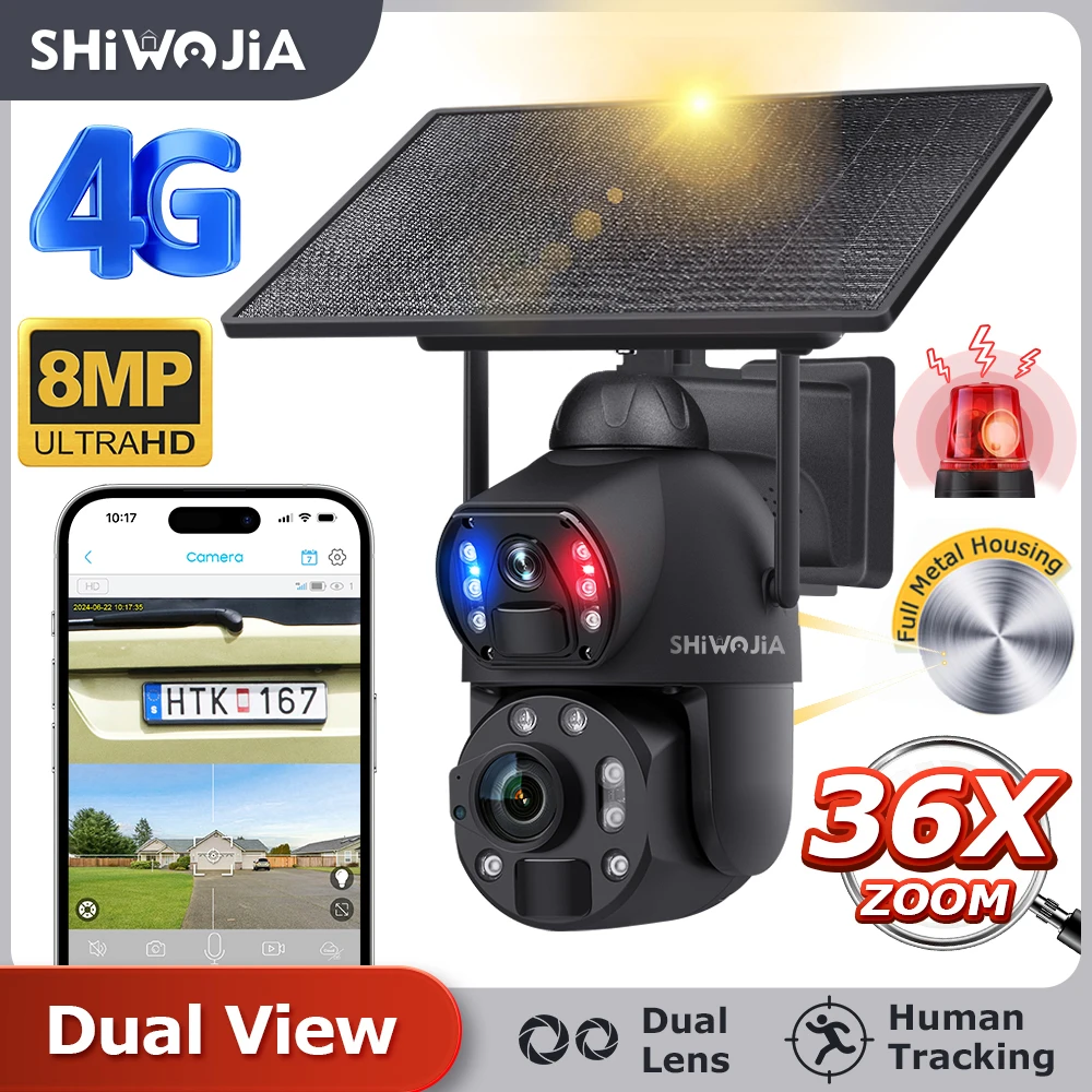 SHIWOJIA 4K 8MP 36X Zoom 4G cámara Solar lente Dual pantalla detección humana seguimiento automático al aire libre 10W Panel Solar WIFI CCTV