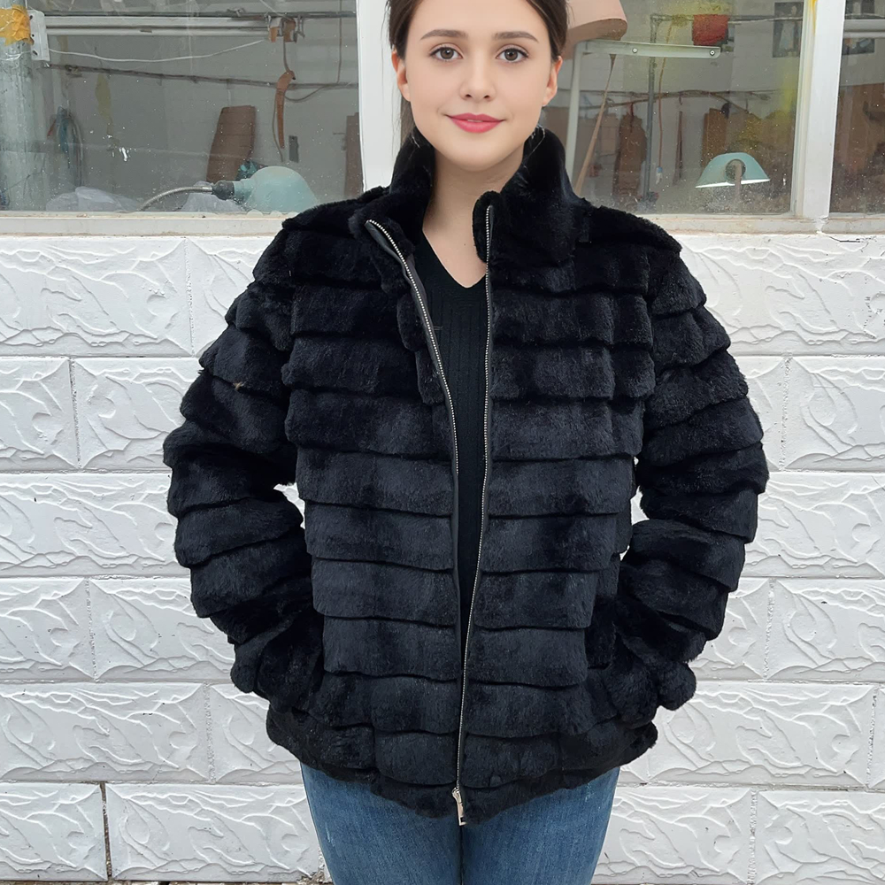 女性用ナチュラルレックスウサギ毛皮コート,本革ジャケット,婦人服,ラニアウター,黒,冬,2024