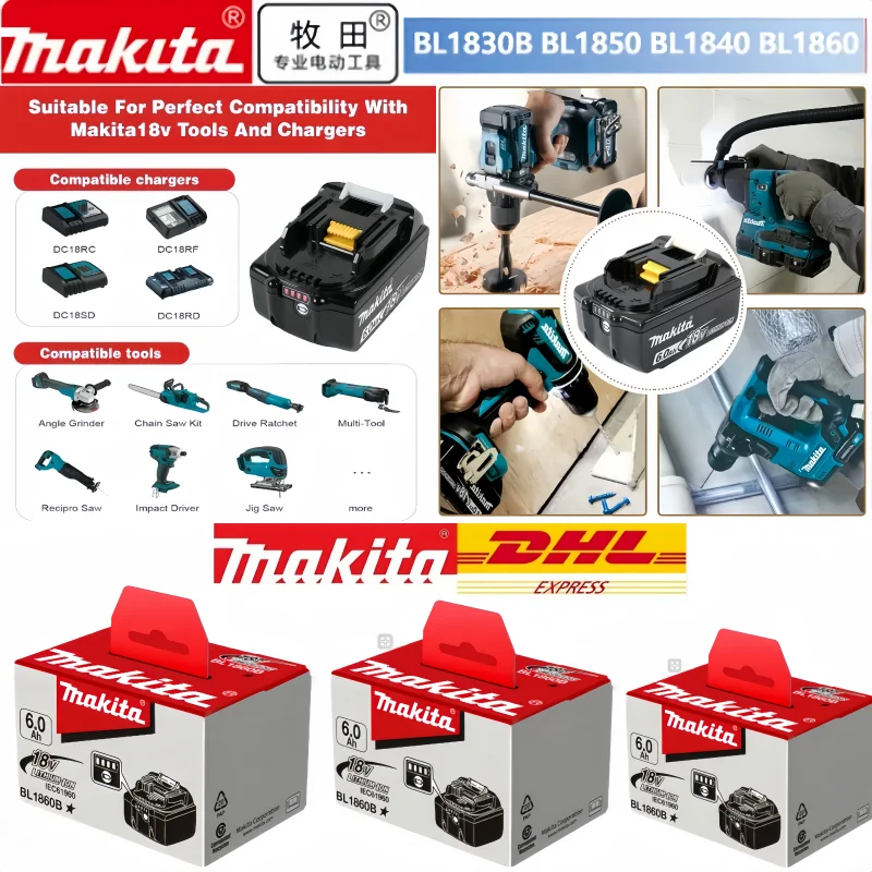 100% Original Makita battery,18V 6.0Ah rechargeable battery, replacing Makita BL1830B L1840B L1850B L1860B,power tool battery
