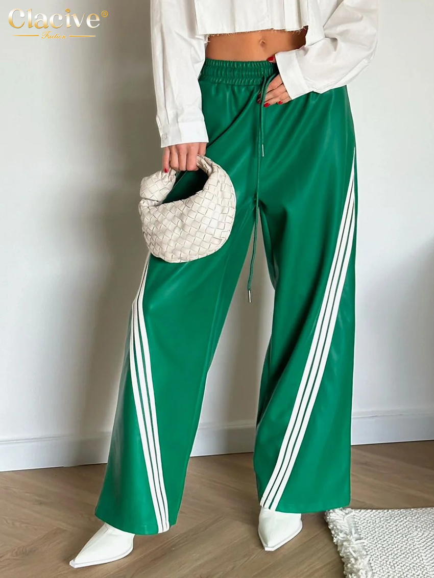 Clacive, pantalones holgados de cuero Pu negro a la moda para mujer, pantalones rectos elegantes de cintura media, pantalones clásicos informales de longitud completa para mujer