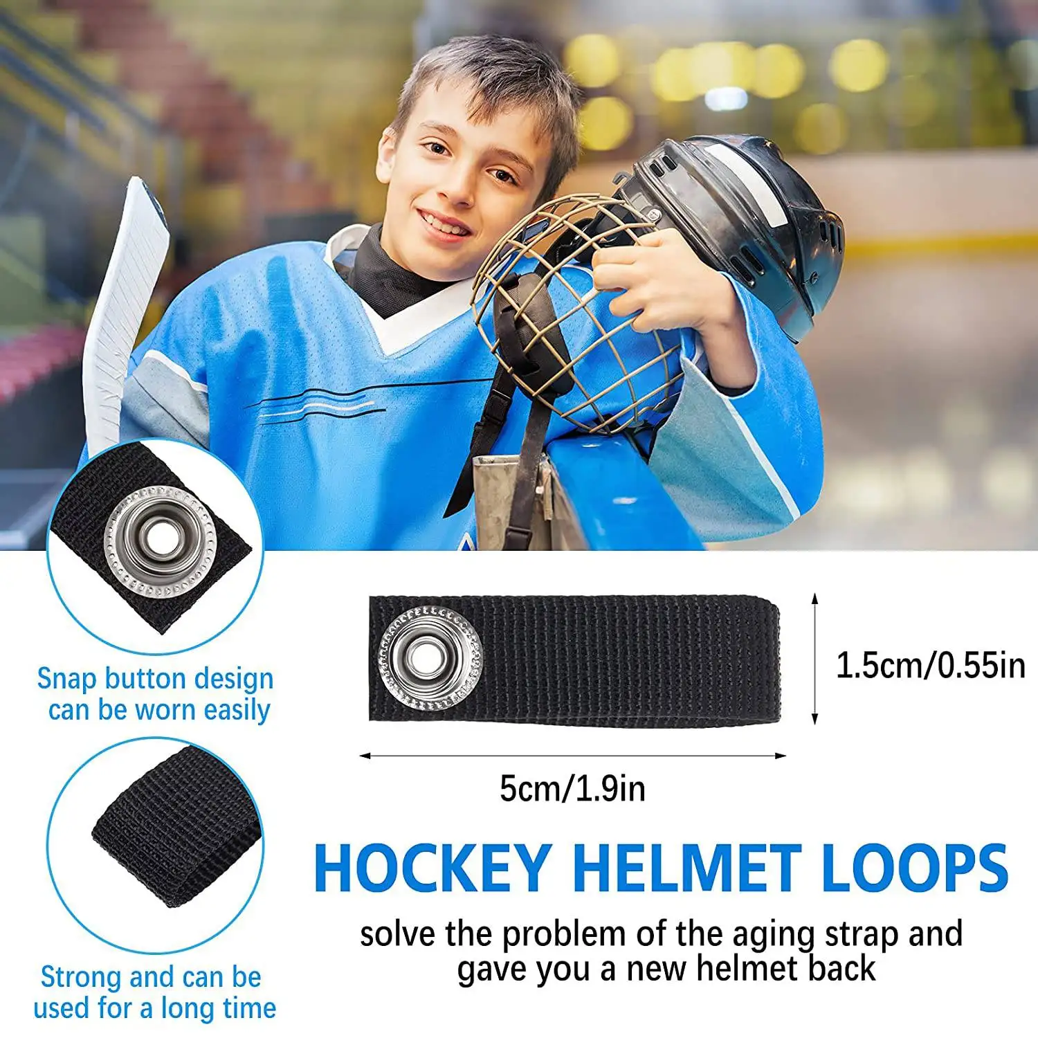 Hóquei capacete Chin Strap com único snap, Loops capacete destacável, acessório do capacete