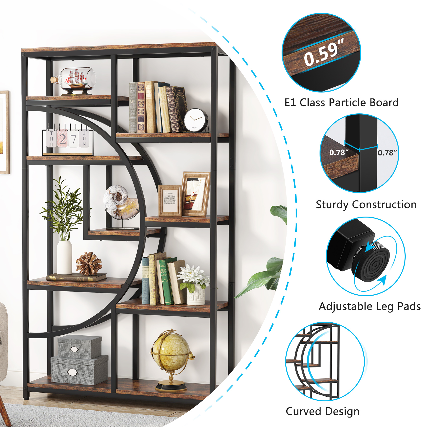 Tribesigns Bookshelf, Industrial 5 Tier Etagere Bookcase, Freestanding Tall Bookshelves Display Shelf Storage Organizer
