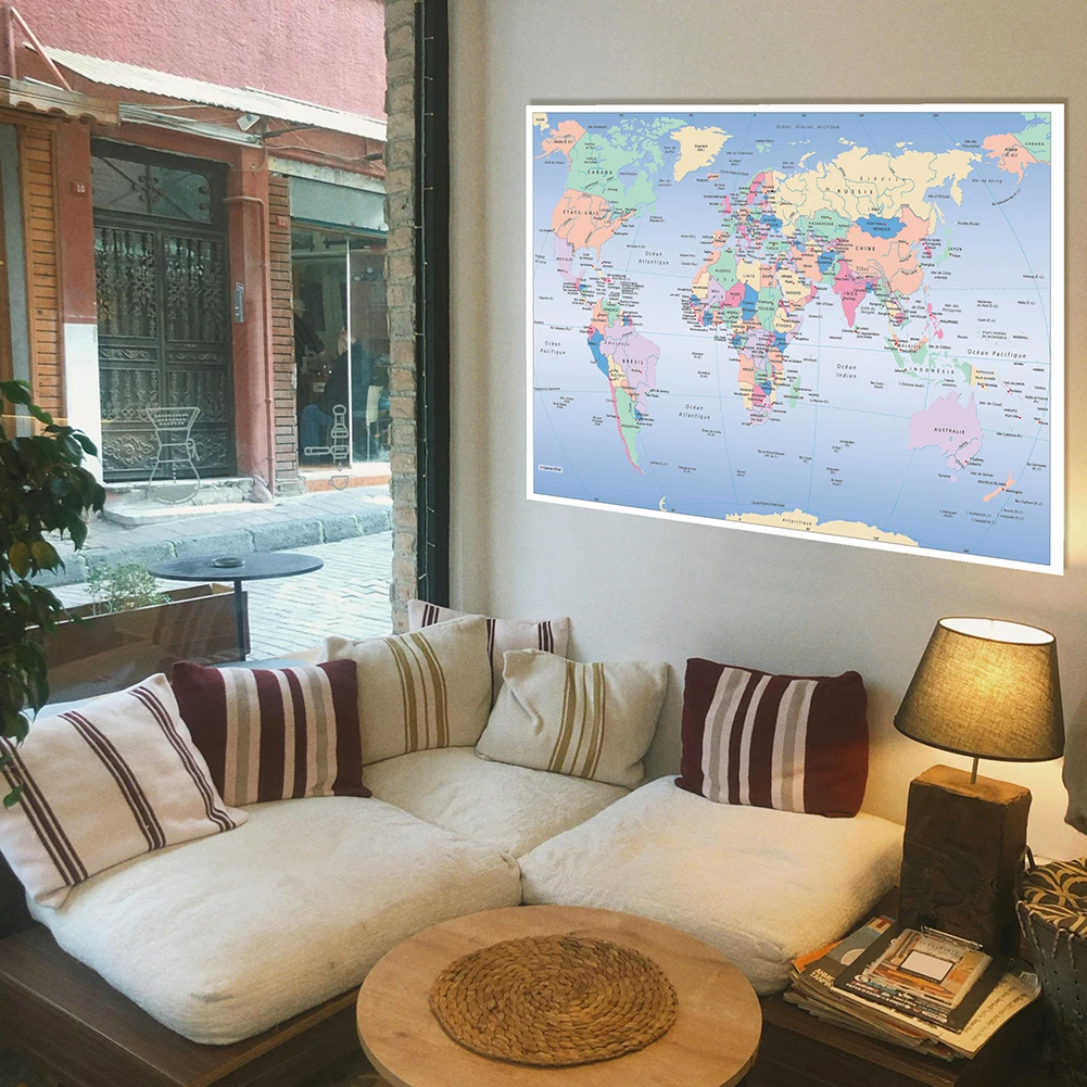 Mapa del mundo Vintage, póster grande de idioma francés, impresiones para colgar en la pared, tela artística, fondo decorativo, suministros escolares para niños