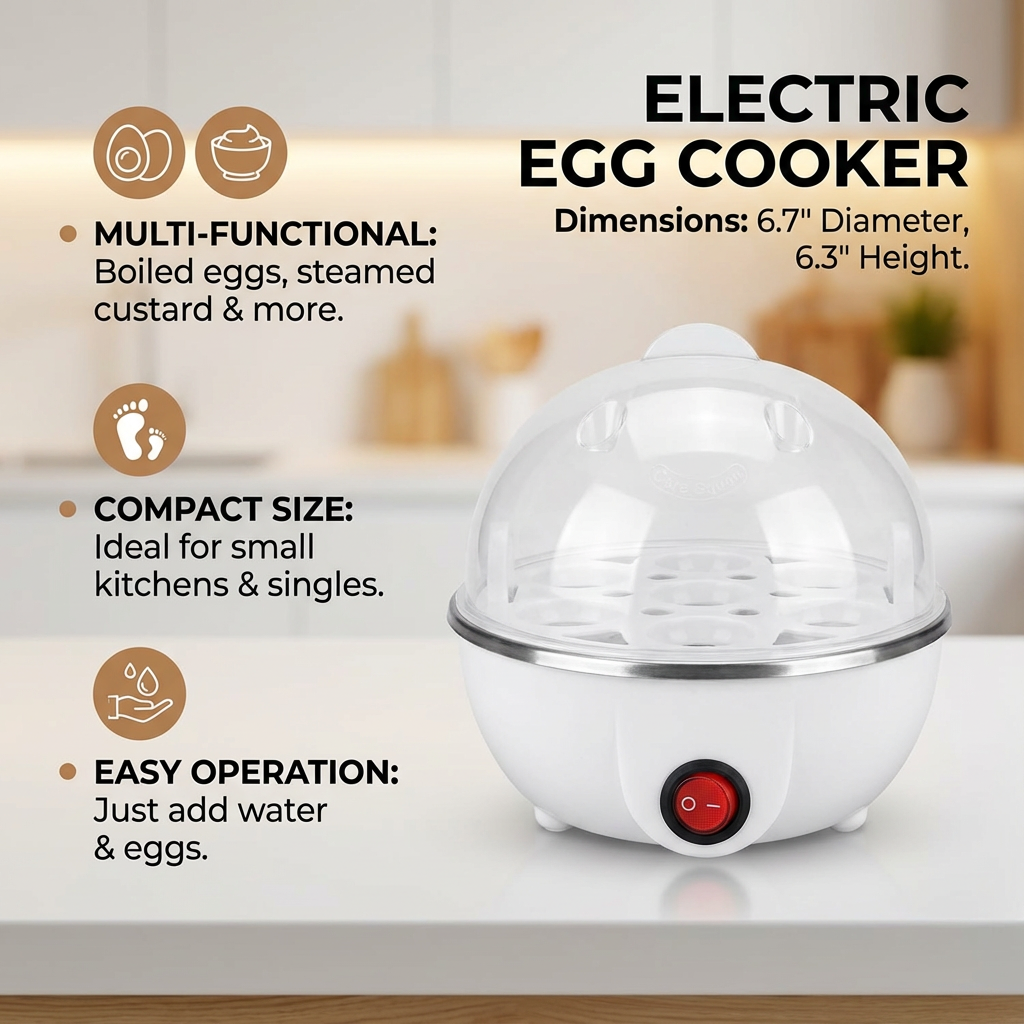 1-Person Mini Egg Cooker Automatic Power off Multi-Functional Steamed Egg Boiled Egg Maker for Breakfast Home Kitchen Appliance
