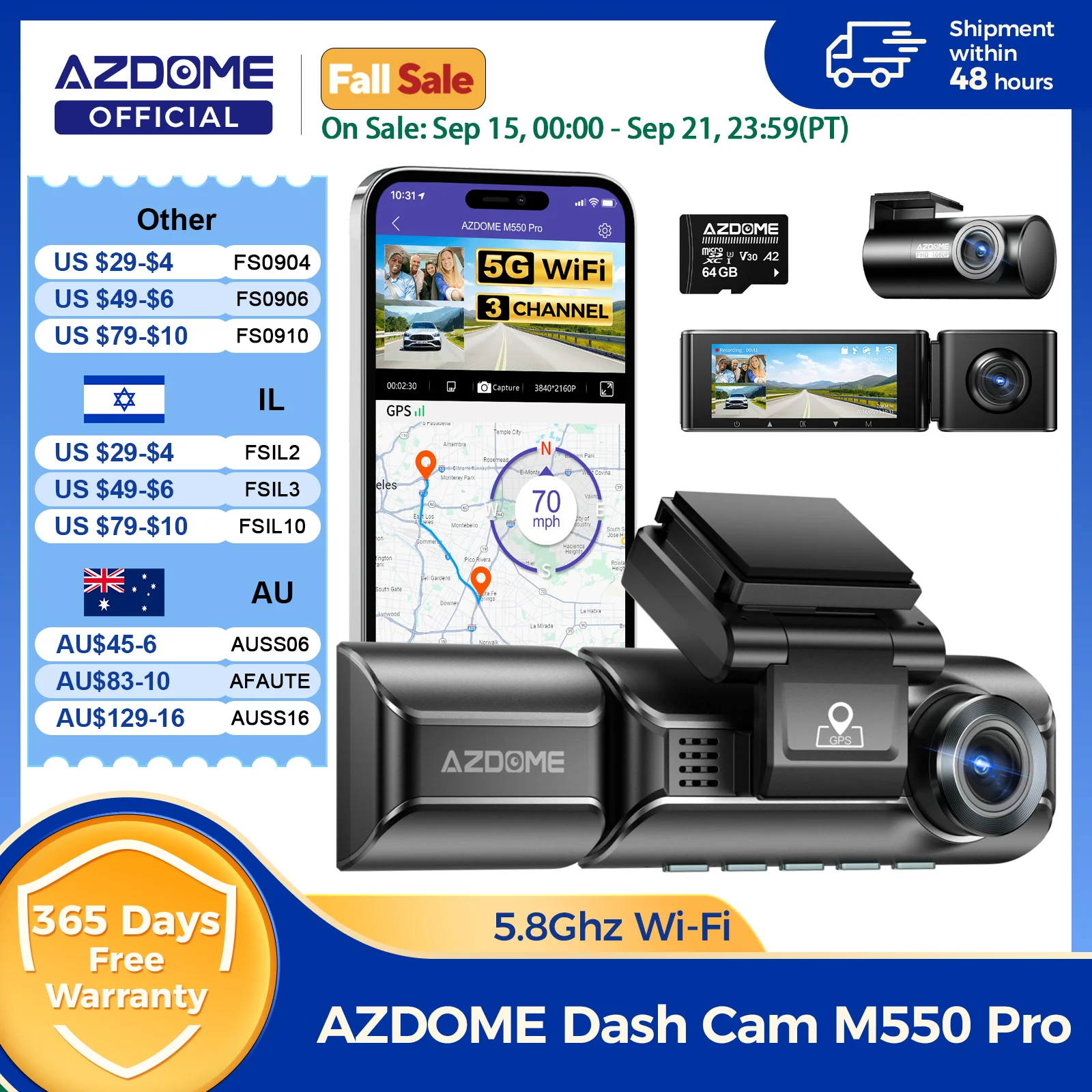 Actualización AZDOME M550 Pro Dash Cam 4K Dashcam frontal Auto 5,8 Ghz Wi-Fi GPS G-sensor coche DVR 6 IR visión nocturna Monitor de estacionamiento