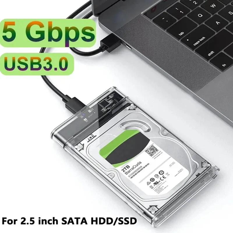 USB3.0 Externes Festplattengehäuse 5 Gbit/s 2,5 Zoll transparentes Festplattengehäuse Festplattengehäuse SATA HDD SSD Aufbewahrungskoffer für Laptop PC