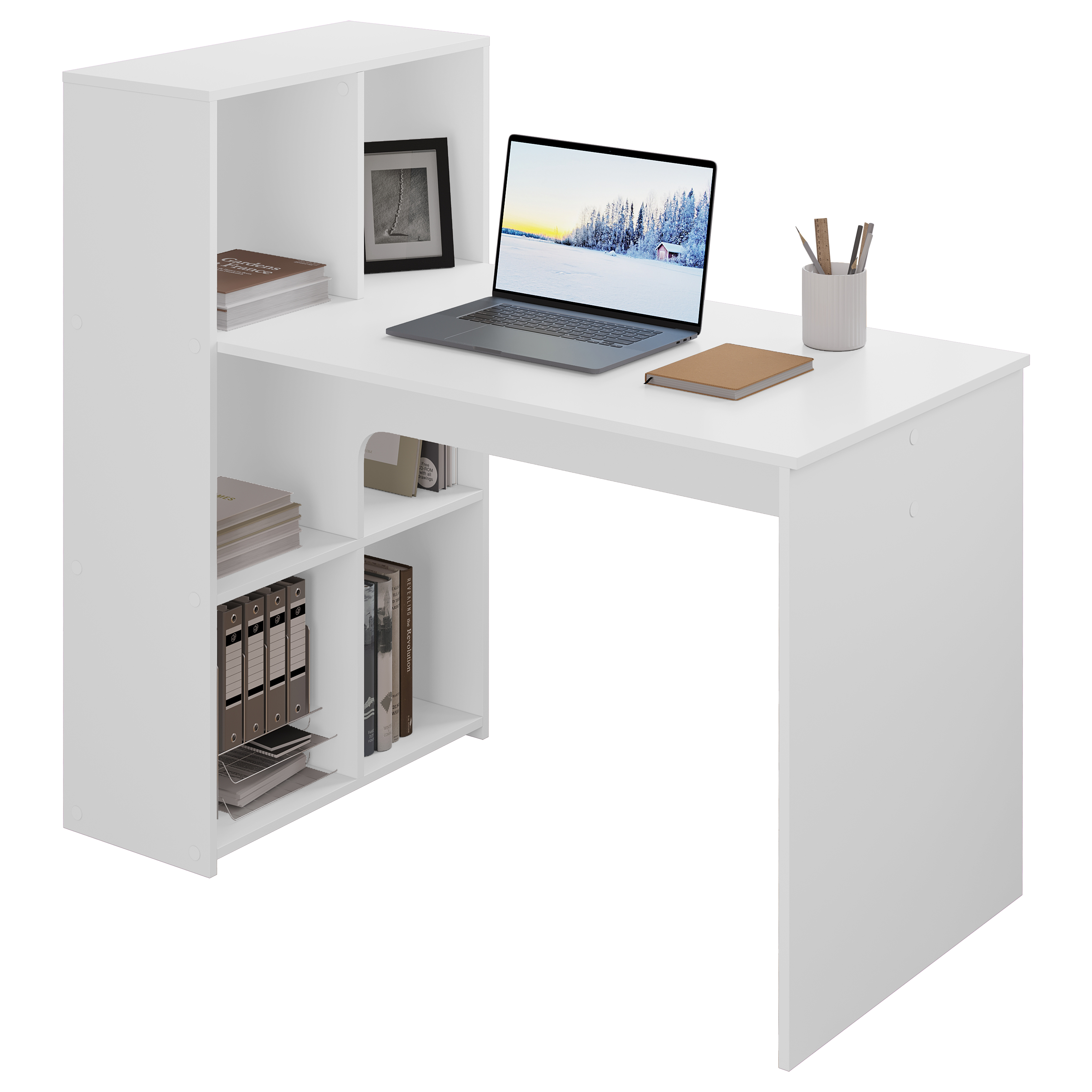 WOLTU Bureau d'ordinateur en bois blanc avec étagère de rangement 120 x 63 cm, poste de travail pour bureau, salon, chambre à coucher