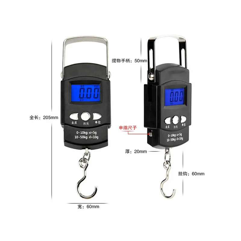 Balança eletrônica com luz de fundo azul, 110lb/50kg, display lcd com regra de medição, fita digital, ferramenta de balança de gancho para pendurar na pesca