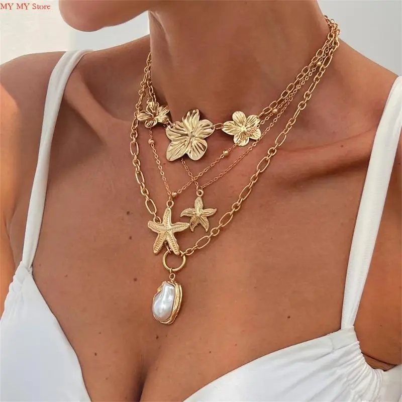 N1he Beach Kalung Set Gold Stackable Stackish Seashells Pearls Clavicle Chain Jewelry untuk acara dan acara musim panas