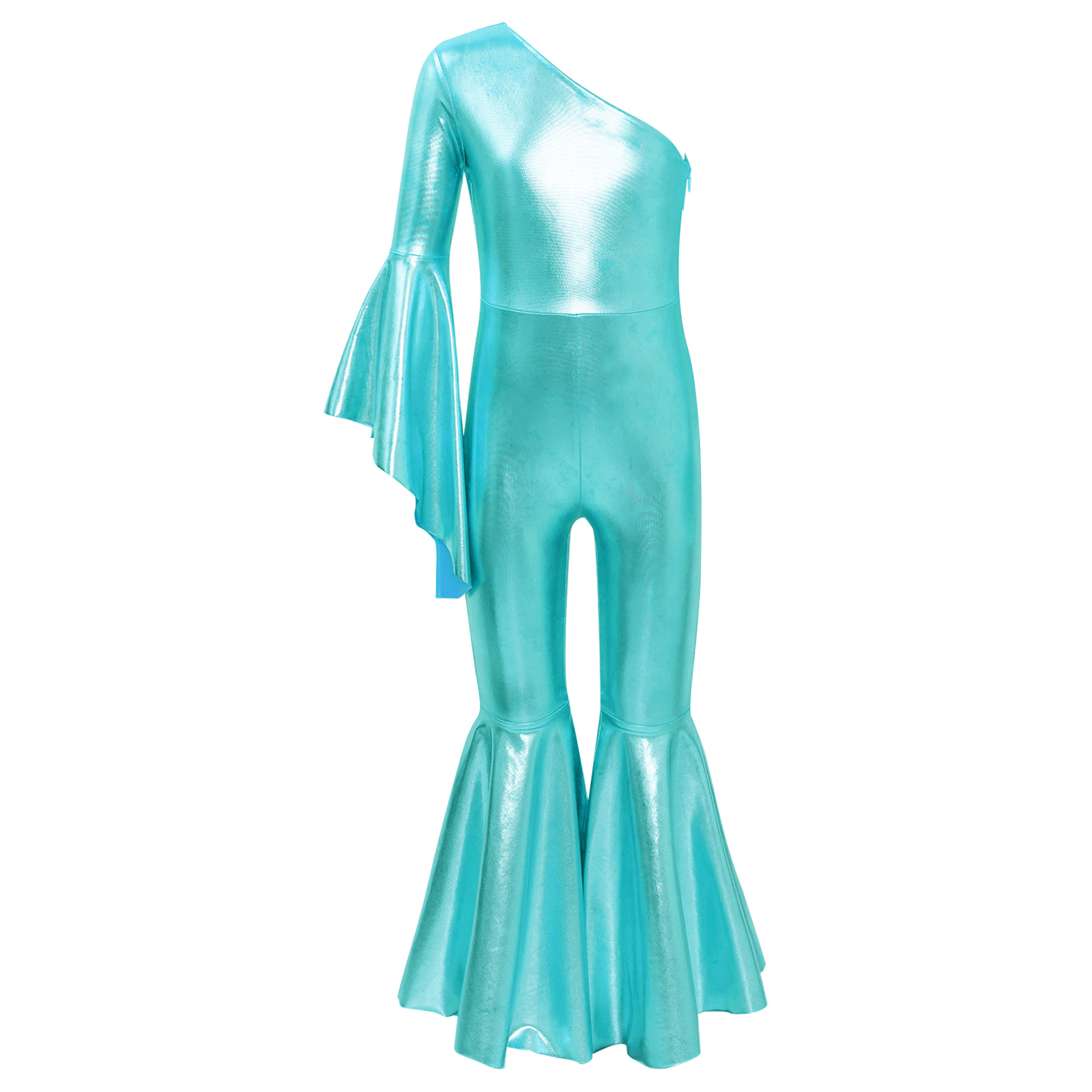 Jaren '70 Disco Vintage Jumpsuit Metallic Glanzend One Flare Mouw Romper Hippie Bell Bottom Jazz Dance Carnaval Rave Party Kostuum