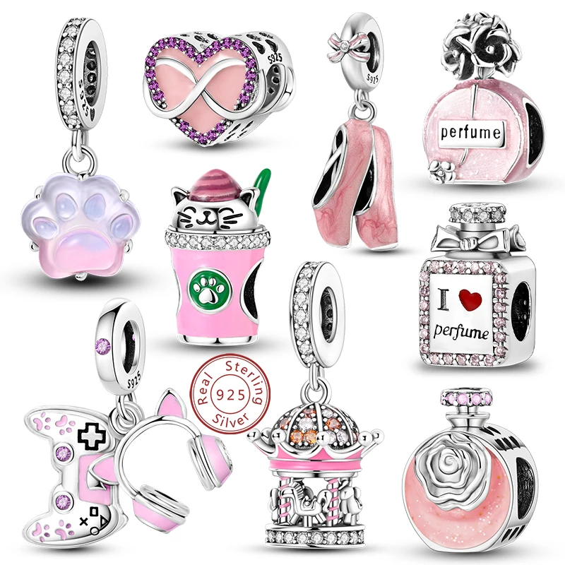 Charm-Anhänger aus 925er-Sterlingsilber, rosa, passend für Original-Charm-Armbänder, Halsketten, Perlen, DIY-Schmuckzubehör