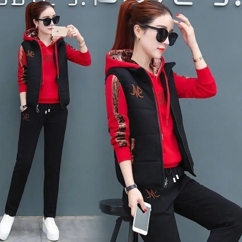 Traje de sudor informal para mujer, Tops con capucha gruesos de felpa a la moda, chaleco, pantalones, conjunto de 3 piezas, otoño e invierno, 2022