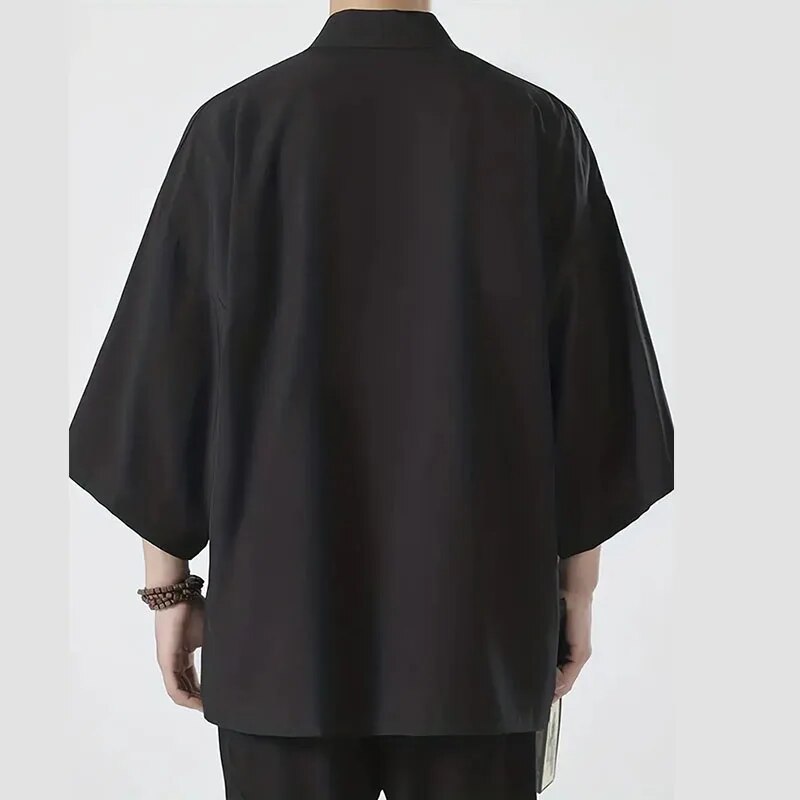 Japanische Kimono-Hemden für Herren, lässig, offener Stich, leicht, Yukata, modisch, schwarze Strickjacke, 3/4-Ärmel, Oberbekleidung für den Sommerurlaub