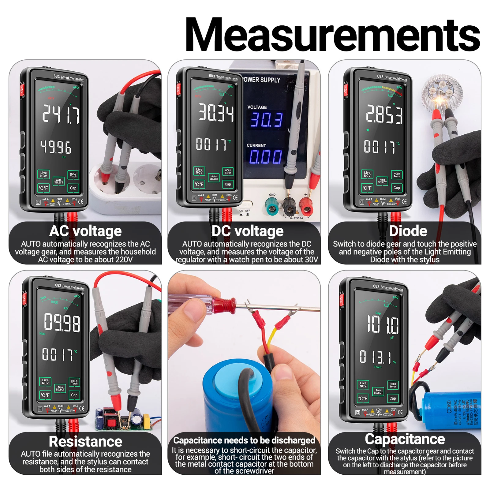 ANENG 683 Multimetro digitale touch screen grande da 6000 conteggi Misuratore universale ricaricabile anti-scottatura intelligente VA Display inverso NCV